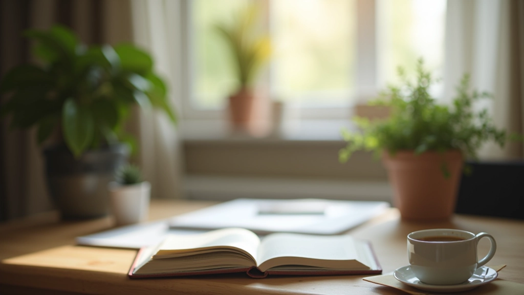 Rustig werkruimte met plant, boeken en een kopje koffie op houten tafel
