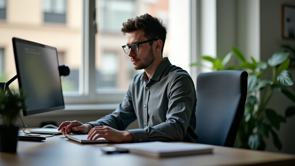 Tevreden professional aan het werk met gefocuste aandacht, schoon bureau, diep werk in actie
