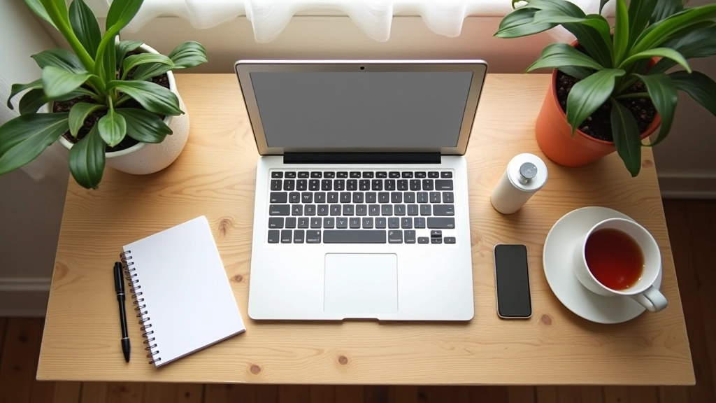 Schoon bureau zonder afleidingen: telefoon is weg, monitor toont alleen werkdocument, papieren agenda ligt naast toetsenbord