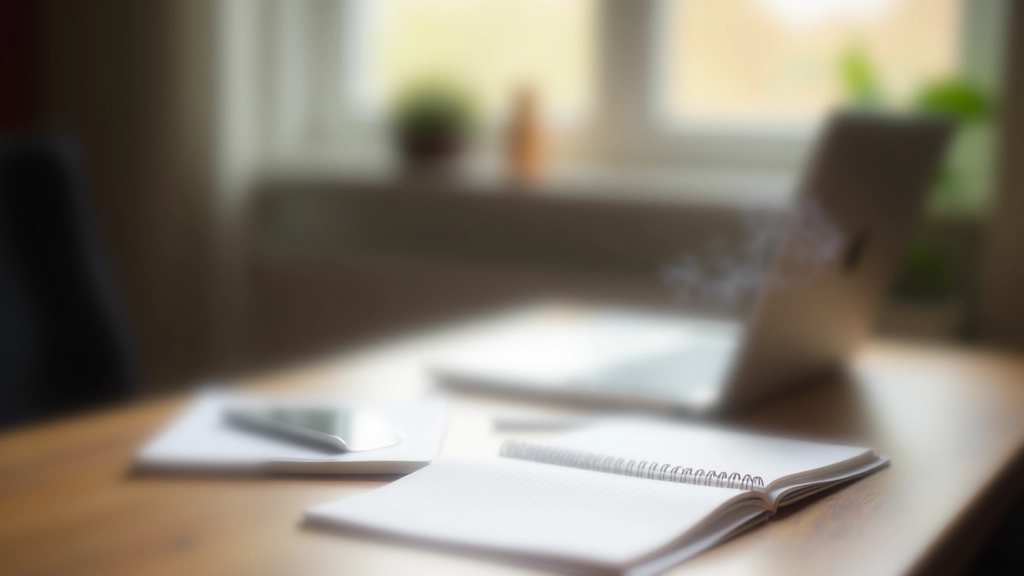 Rustig bureau met notebook, kopje thee en gesloten laptop in natuurlicht