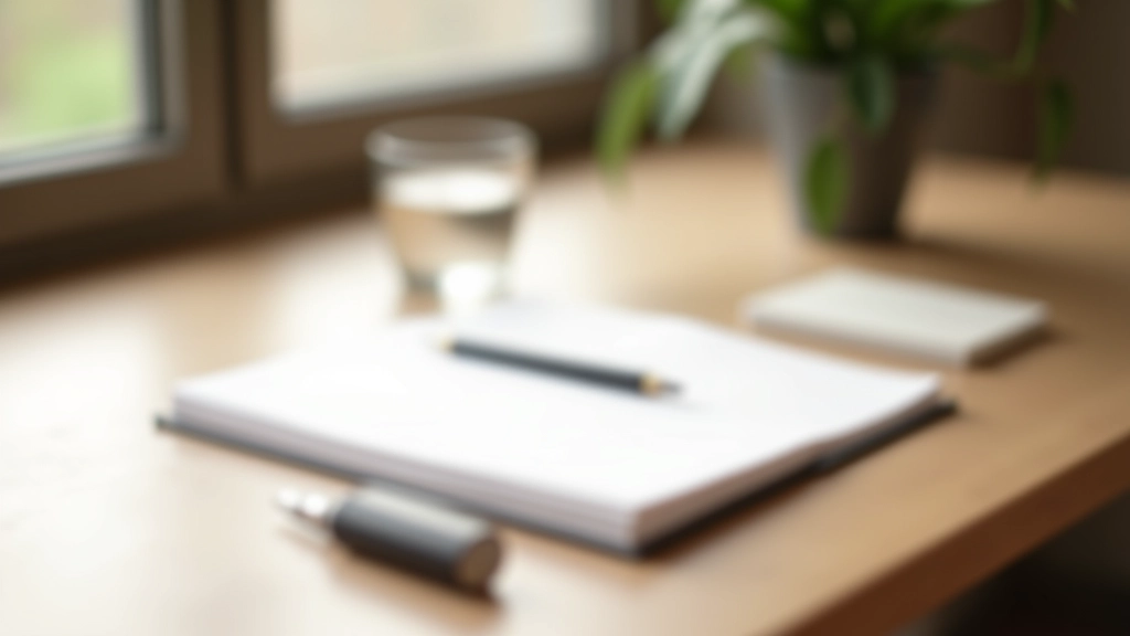 Minimalist werkplek met notitieboek, pen en een glas water in vroeg ochtendlicht