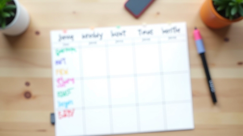 Printkalender met getekende uurblokken en handgeschreven taakbeschrijvingen in verschillende kleuren