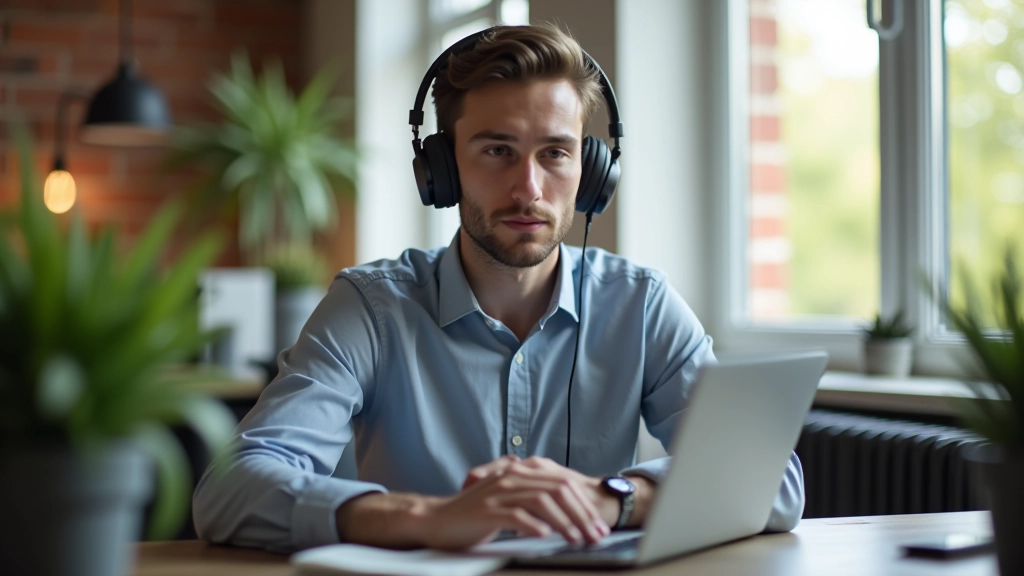 Iemand zittend aan een bureau met laptop en koptelefoon, voorbereiding voor focuswerk