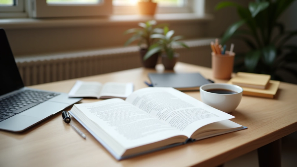 Wetenschappelijke werkplek met notities, boeken en koffie op houten bureau in rustige sfeer