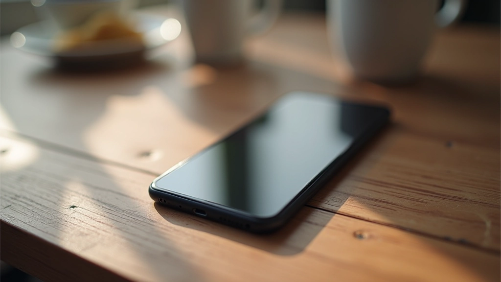 Telefoon in grijstinten modus liggend op houten bureau met kopje koffie ernaast