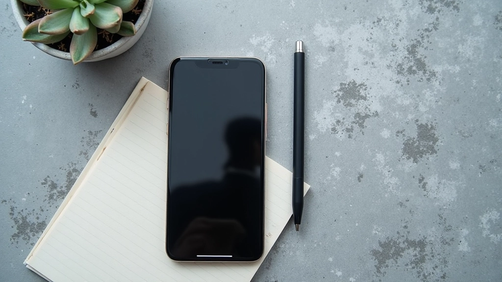 Verschillende telefoon-instellingen scherm op grijs oppervlak met notitieblok